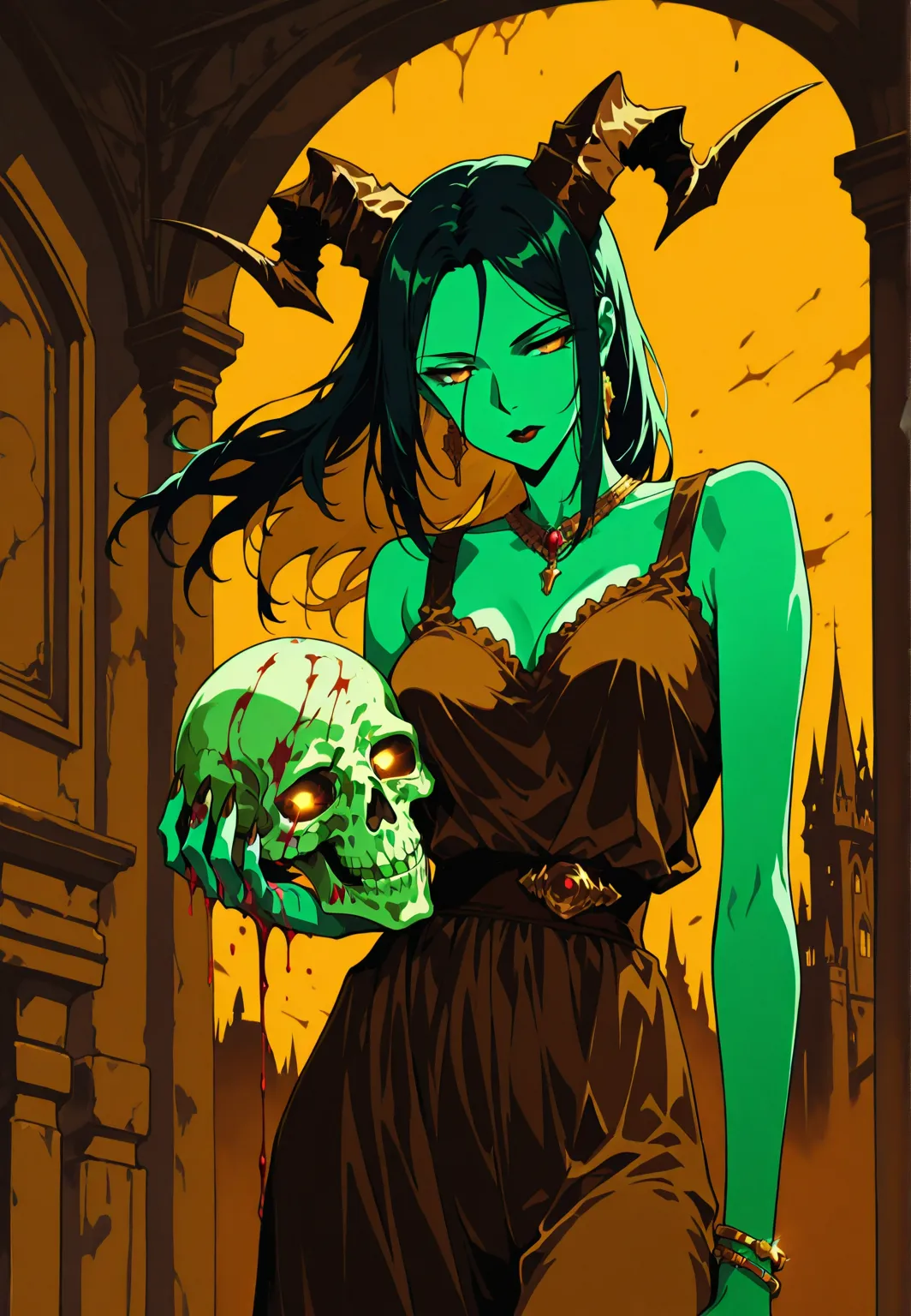  demon girl , green skin, camisilla, Horns ,  elegant clothes, average sines, Elegant Jewelry, aggressive, brown, (Holds skull in his hands). Background: Castle corridors, blood. dark atmosphere