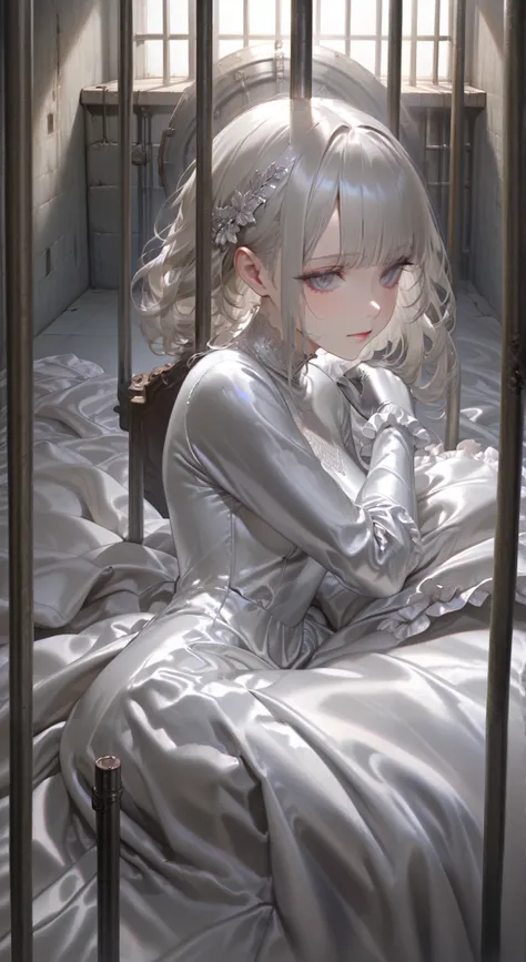  portrait、god々Shining light、( masterpiece, top quality,  Ultra High Resolution ),Extremely detailed CG, Japanese woman with pale silver hair,(( beautiful face)),(( long sleeve long dress made of pale silver satin))、((The dress has a simple design without e...