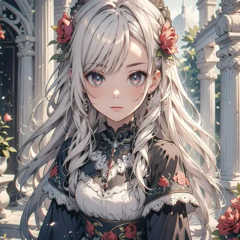 masterpiece, best quality, high quality, detailed, ultra detailed, hyper detailed, insanely detailed, exquisite, beautiful, Full-HD, 16K, highres, absurdres, , gothic lolita fashion, high-quality depiction, hyper-realism, black and white dress, velvet and ...