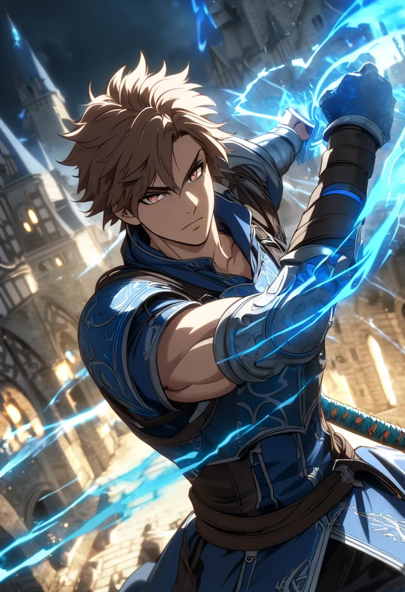 chestnut hair hazel eyes {x} 1 warrior boy with electric magic from medieval European fantasy, caractéristiques athletic, Age 29 , blue electric arc, blue magic aura, athletic,  muscle,  Light armour, katana drawn, blue magic aura, very short hair, blue ma...