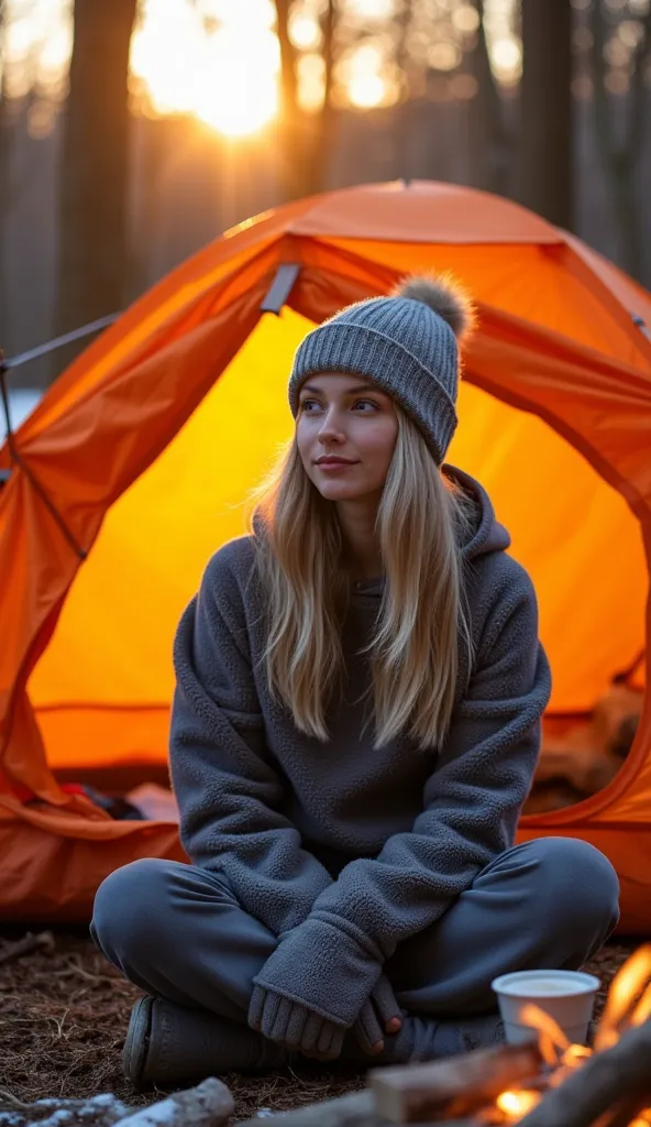 A professional outdoor photography of a beautiful young blond woman camping the wood; she wearing an fleece jacket, sweatpants and gray wool hat; she sitting outside of her orange tent; she holding a cup of coffee; small campfire; winter season; cozy atmos...