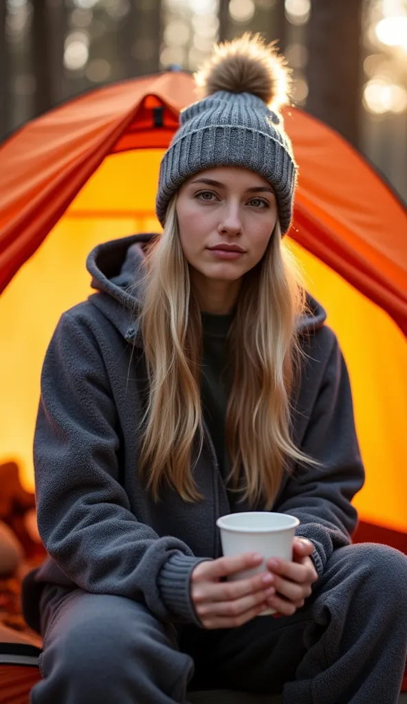 A professional outdoor photography of a beautiful young blond woman camping the wood; she wearing an fleece jacket, sweatpants and gray wool hat; she sitting outside of her orange tent; she holding a cup of coffee; small campfire; winter season; cozy atmos...