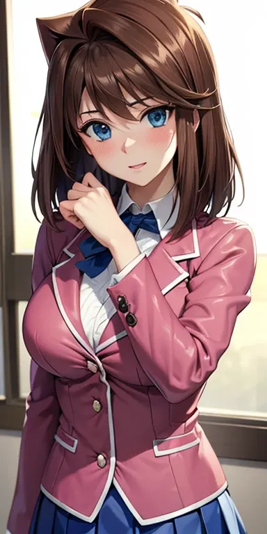  1 female,High Definition,High resolution,  ultra-realistic  ,8K, aamazaki, ( hair antenna:1.2), blue eyes, blue,  pink jacket, blazer,  Long Sleeves Leather, falda blue,  Skinny skirt ,  miniskirt, pleated skirt ,  big breasts,European,sexy, Close-up of t...