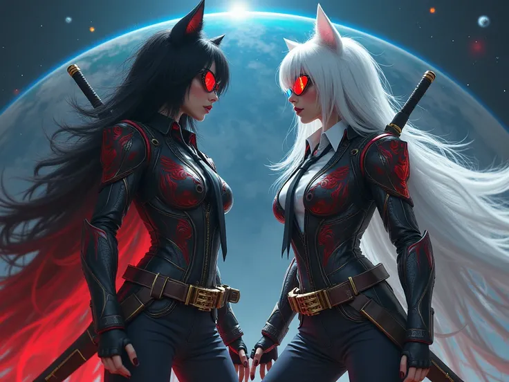 a woman with tail and ear straight black wolf hair and red eyes black boots black jean pants with a belt with white shirt black tie black vest Optimus Prime jacket with an upper part dominated by red in flames and a lower part by black red sunglasses with ...