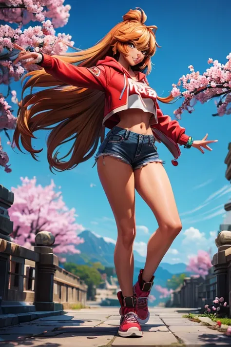 A stunning 3D anime illustration of a fashionable Chica with long, chestnut-colored hair, wearing a trendy red hoodie with the text "Zully". She sports ripped jean shorts and is strolling a fluffy Siberian Husky puppy in a park. The background features a v...