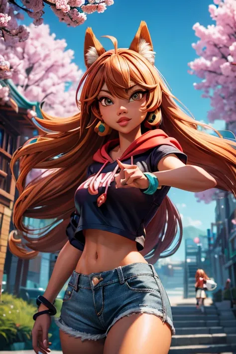 A stunning 3D anime illustration of a fashionable Chica with long, chestnut-colored hair, wearing a trendy red hoodie with the text "Zully". She sports ripped jean shorts and is strolling a fluffy Siberian Husky puppy in a park. The background features a v...