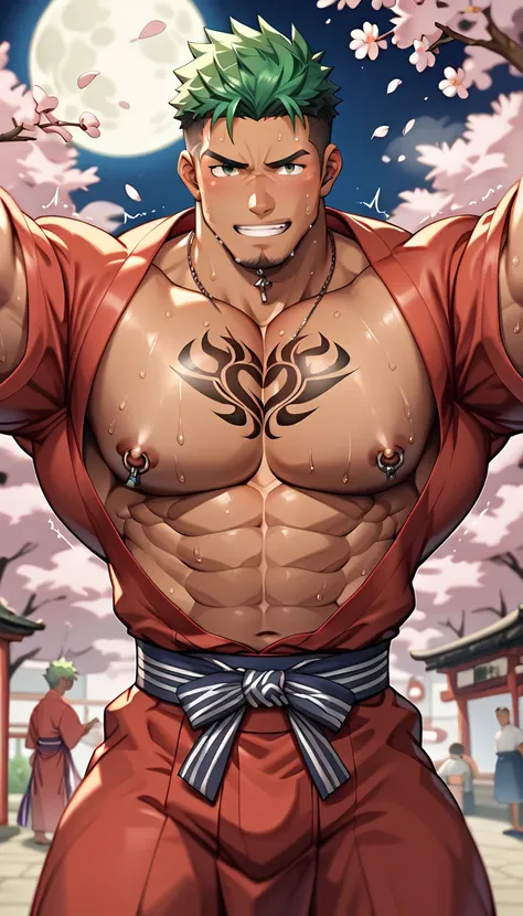 top quality、 Masterpiece、 super detailed、 manly、Age 30、 green hair、Kind Face、 muscularな男性、 muscular、crew cut、(sweat:1.5)、perspired、(steam:1.2)、(trembling:1.2) 、nipple piercing、tattoo on chest、 brown skin、(I'm wearing a red yukata、night、 full moon、cherry bl...