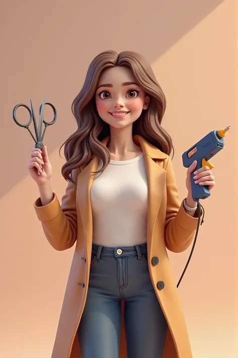 Create a fixed-style 3d poster of a 21-year-old woman, that weighs about 90 kilos,  with brown hair and eyes , holding scissors in her hand and a hot glue gun in the other