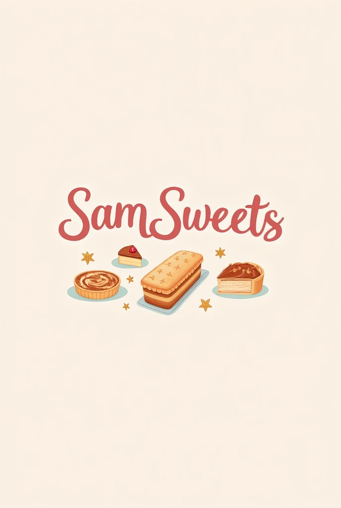 A pastel-colored logo with the name SamSweets with dessert details such as: Pays ,  cinnamon rolls , shortbread cakes and biscuits