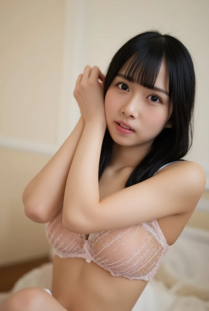 top quality, Japanese idol 、AWARD-WINNING PICTURES, beautiful eyes, beautiful lips,  cute smiles ,very well detailed, half up hair,  luxury lingerie that supports the chest,bedroom