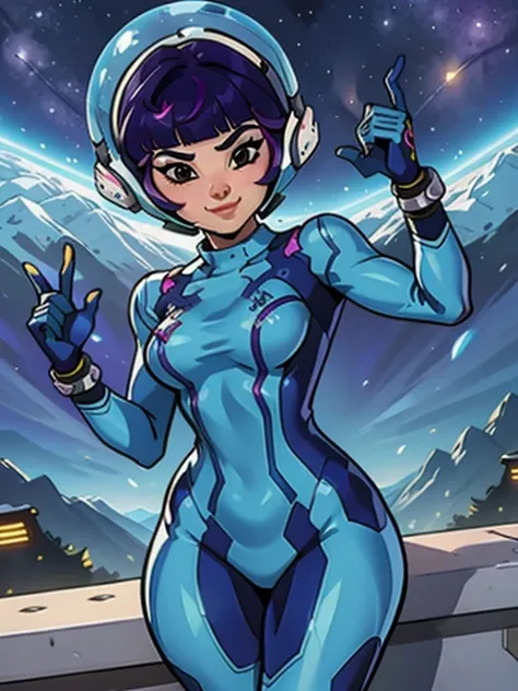 (masterpiece, best quality:1.2), 1girl, Juno_Overwatch_2, bob cut hair, purple hair, bangs, brown eyes, long eyelashes, athletic and slim physique, blue bodysuit, blue gloves, Zero Suit, cute face, wide smile, space station, science fiction
