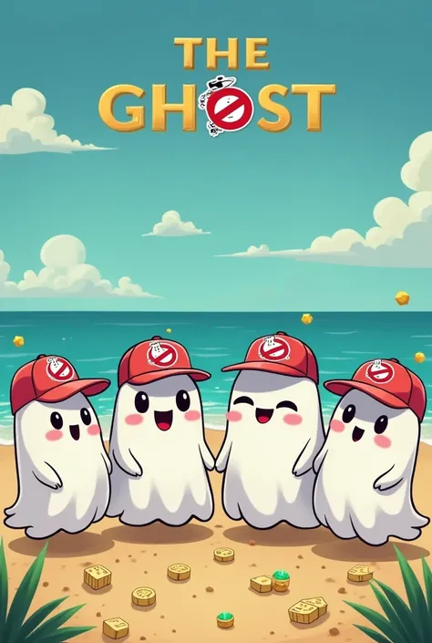 Image of four white ghosts emoji-style cartoon with baseball cap brand “ghostbusters”,   And with dice and with lots of gold coins and green gems;   At the beach on vacation , with the title in gold and the ghostbusters logo and capital letters in Spanish ...