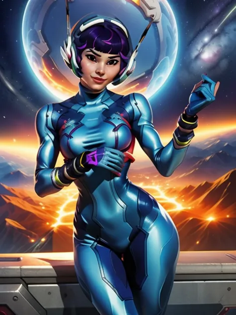 (masterpiece, best quality:1.2), 1girl, Juno_Overwatch_2, bob cut hair, purple hair, bangs, brown eyes, long eyelashes, athletic and slim physique, blue bodysuit, blue gloves, Zero Suit, cute face, wide smile, space station, science fiction
