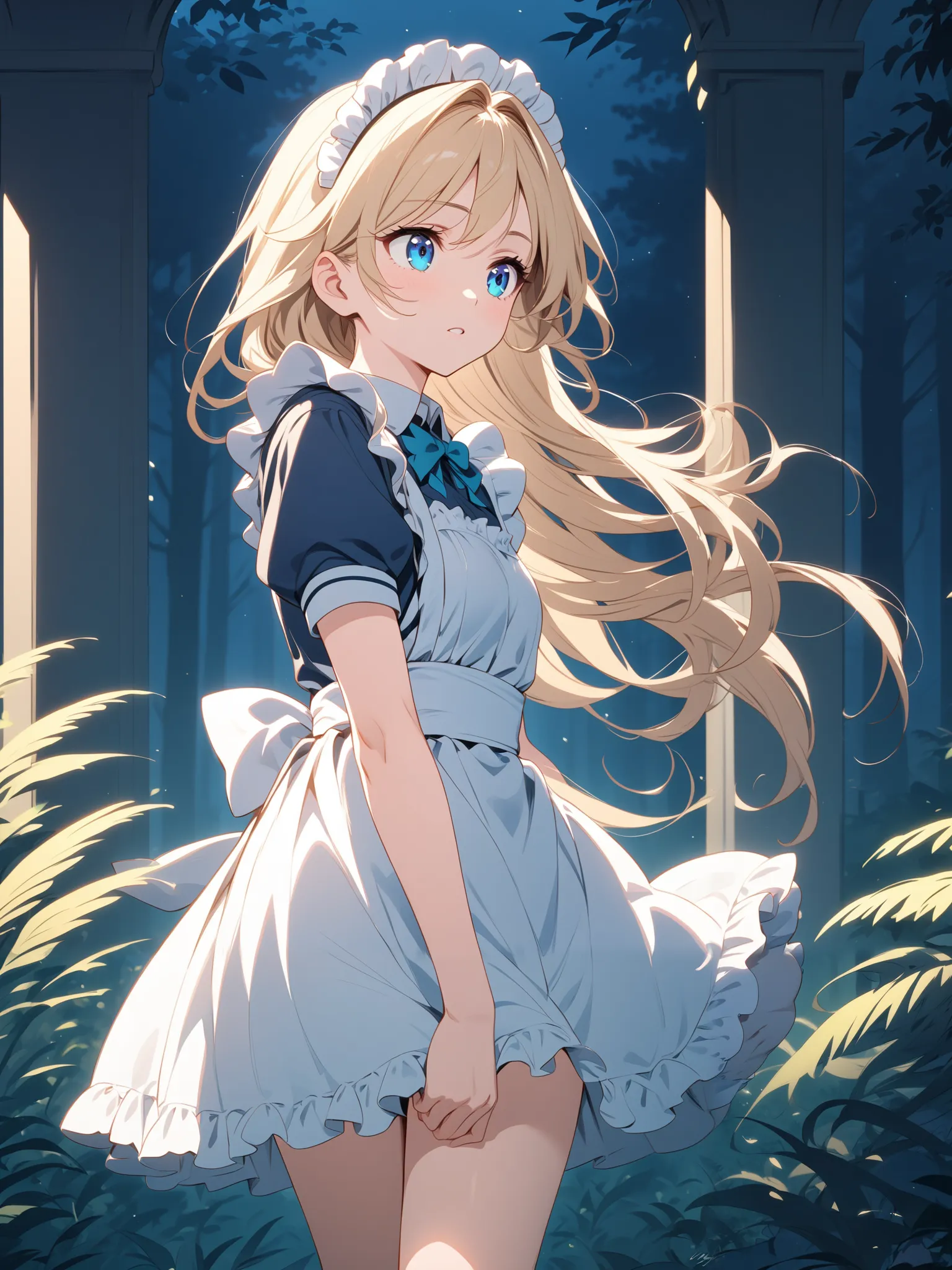 Maid with short sleeves, My semi-long blond hair flutters in the wind,  girl, Alone, The background is in the dense forest at night,  alert , miniskirt,  knee shot,