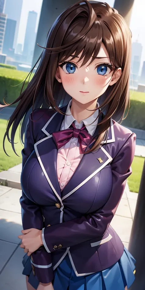   1 female,High Definition,High resolution,    ultra-realistic    ,8K, aamazaki, ( capillary antenna :1.2), blue eyes, blue,   pink jacket, blazer,  Long Sleeves Leather, blue skirt ,   Skinny skirt  ,   miniskirt,  pleated skirt  ,   big breasts,European,...