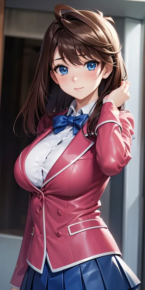   1 female,High Definition,High resolution,    ultra-realistic    ,8K, aamazaki, ( capillary antenna :1.2), blue eyes, blue,   pink jacket, blazer,  Long Sleeves Leather, blue skirt ,   Skinny skirt  ,   miniskirt,  pleated skirt  ,   big breasts,European,...