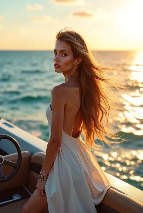 A stunning woman on a luxurious speedboat, positioned at the back of the boat, looking at the horizon with a confident and serene expression. She wears a light, elegant dress that moves gently in the ocean wind. Her long, wavy hair is caressed by the sea b...