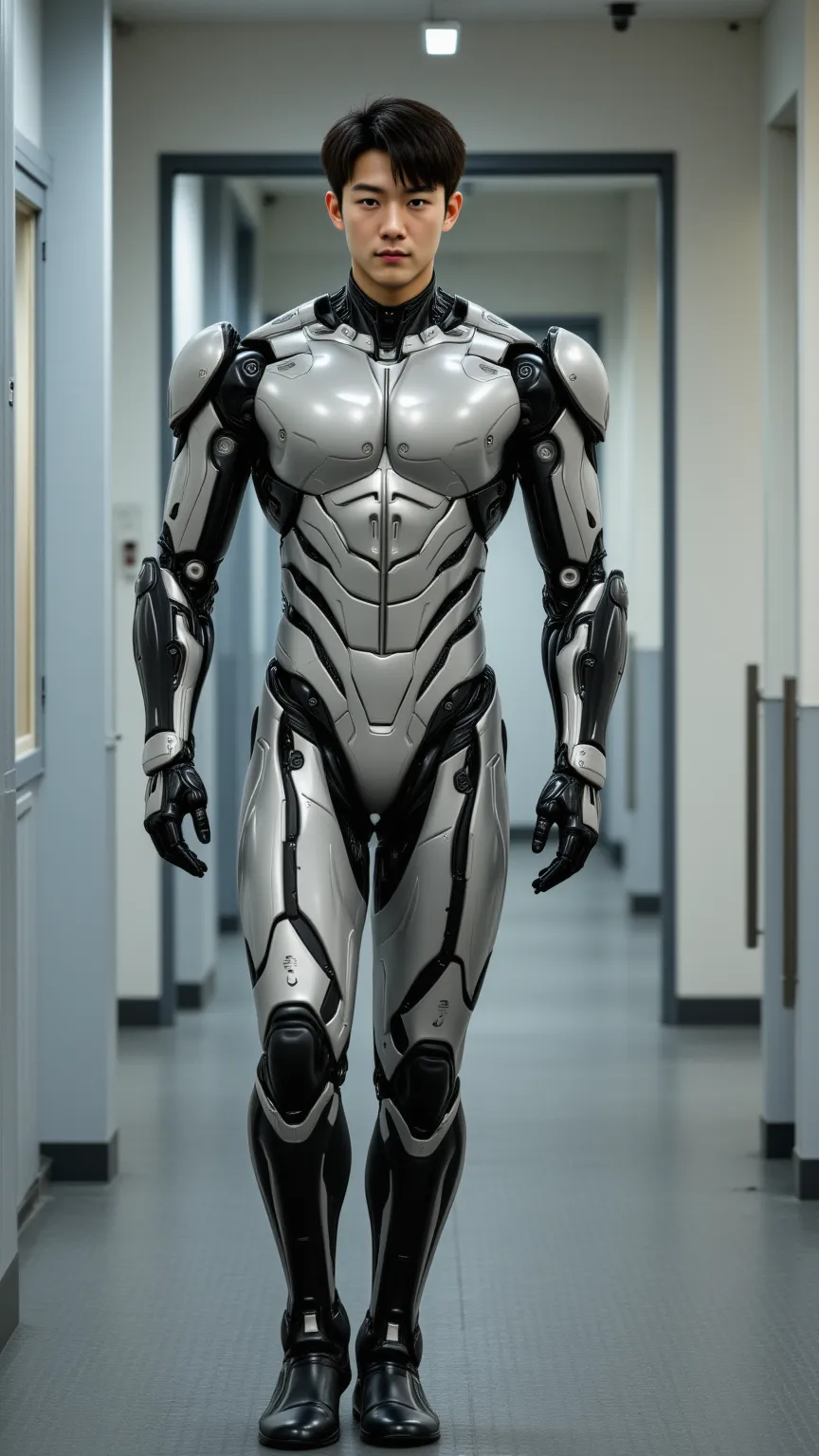 1 Asian handsome male star male high school student bionic robot with a height of 185 cm or more，Slim Short Hair ，Square pectoral muscle ， bulging abs ，（Wakakaki's lovely face）， thin body， Shoulder width ，Narrow waist， inverted triangle body ，Tight-fitting...