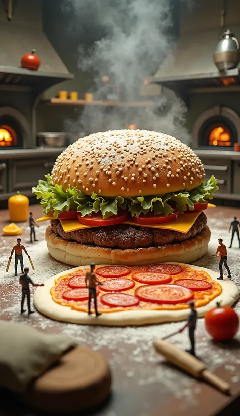 A massive burger is being prepared in an enormous kitchen. Tiny people are rolling out the giant dough with oversized rolling pins, while one person pours tomato sauce from a large bucket. A team is slicing a huge block of cheese, and another tiny person i...