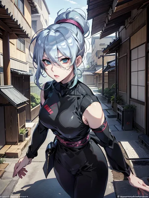 Female Ninja、 Kunoichi、 Edo period、 big breasts、 Slim waist、Night in the city、Aiming at enemies with blowguns from the roof、 ponytail、 black eyes、 black hair shortcut 
