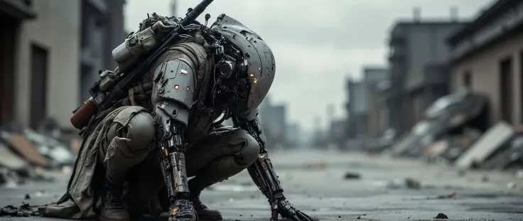 Recypu style, Cyberpunk highly detailed, high-resolution photograph. A futuristic, armored warrior crouching on a gritty, urban pavement. The subject's head is covered by a sleek, metallic helmet with a visor that obscures the face, giving an ominous, robo...