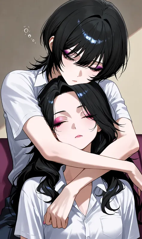 [makeup:1.3], gyaru, yuri, cool beauty, 2 women, black hair, wolf cut, long hair, small breast, slender body, sulking, sleepy rest, upper body, school uniform, head on another’s cheek, arms around neck,