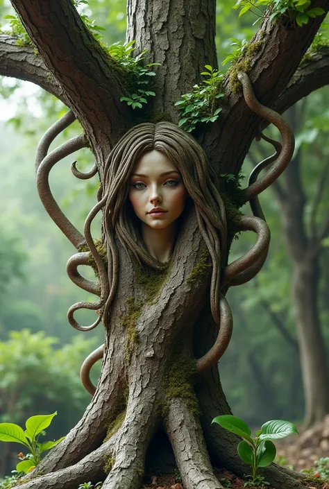 Imagine a tree approximately 5 meters high, with a sturdy trunk of 2 meters in diameter.  In the center of the trunk , there is a detailed sculpture of a female face, with serene and expressive features, as if the tree itself were alive and conscious. Inst...