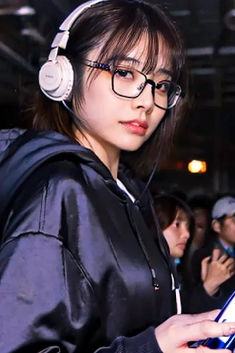 japanese woman, glasses, dj, with headphone, in the club, cyber punk, kawaii, very short cut, crowds around, hoodie