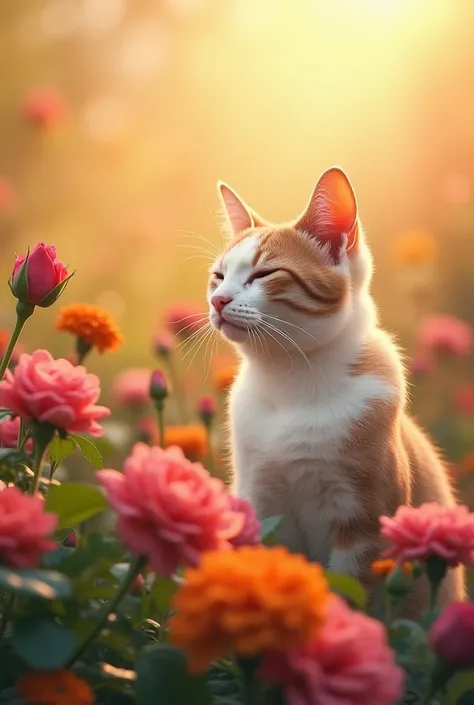 A serene and vibrant cat sits amidst a lush and colorful গেলাপি ফুল বাগানে (roses and marigold flowers) garden, surrounded by delicate, curved petals and soft, velvety leaves, with the warm, golden light of a sunny afternoon casting a gentle glow on its fu...