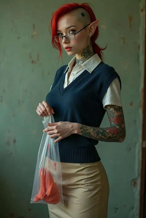 Cyberpunk horror photo. Full body. Japanese elf. Green eyes. Red, shaved hair. Japanese yakuza floral and dragon tattoos. Small computer receiver transponder in the side of her head above her ear. She is wearing a navy blue sweater vest, a crisp white butt...