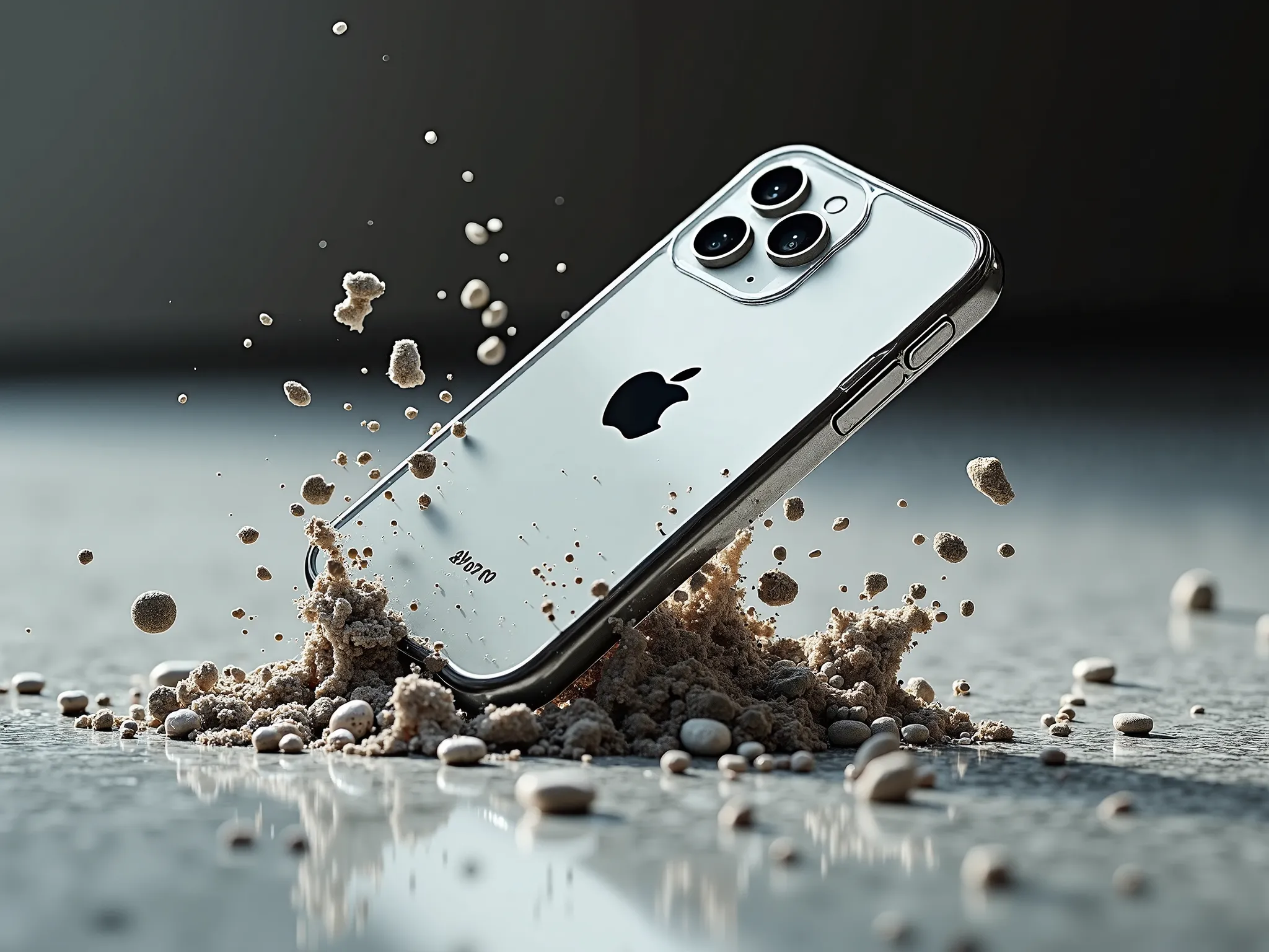 Apple 16 case anti-fall function hits the ground, marble, floor rupture, high-speed photography, debris, splashes, natural light, high contrast, outdoor rock center composition, Amazon e-commerce style, texture details, dynamic blur, dramatic camera angle,...