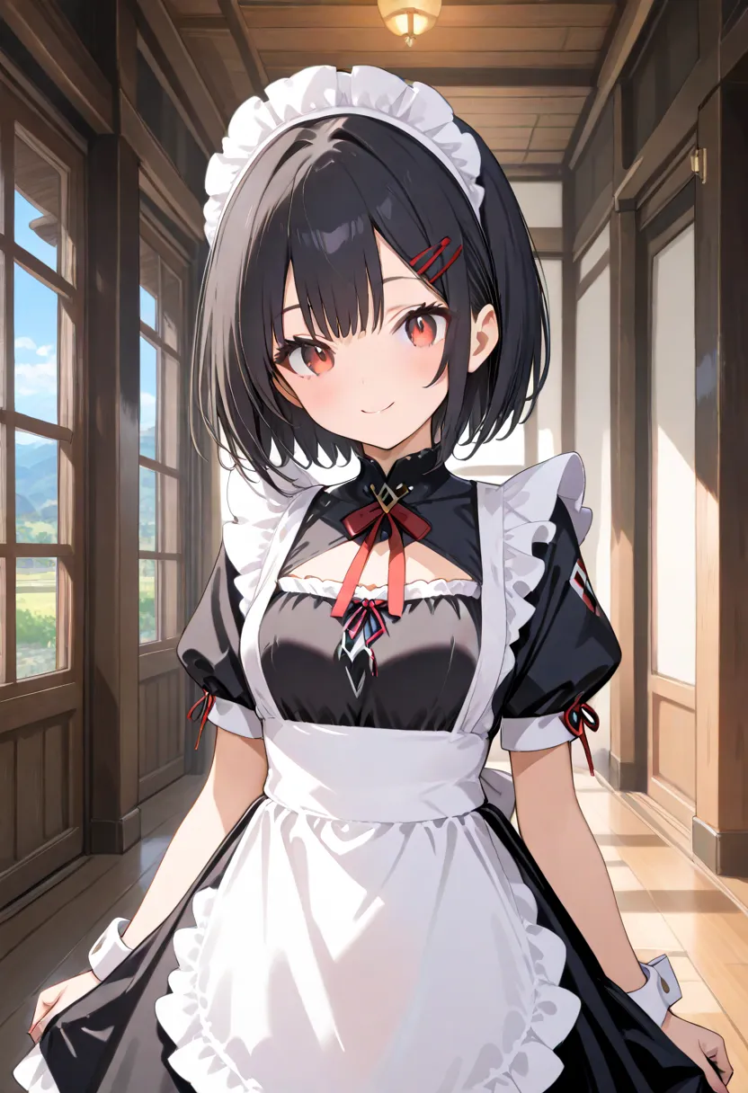 high quality high definition 8k 1 girl,Maid, black hair, short hair, red eyes, dark miniskameid clothes, red ruffles, hairpins, cute smile, sense of dynamism, look at this Western-style architectural background 