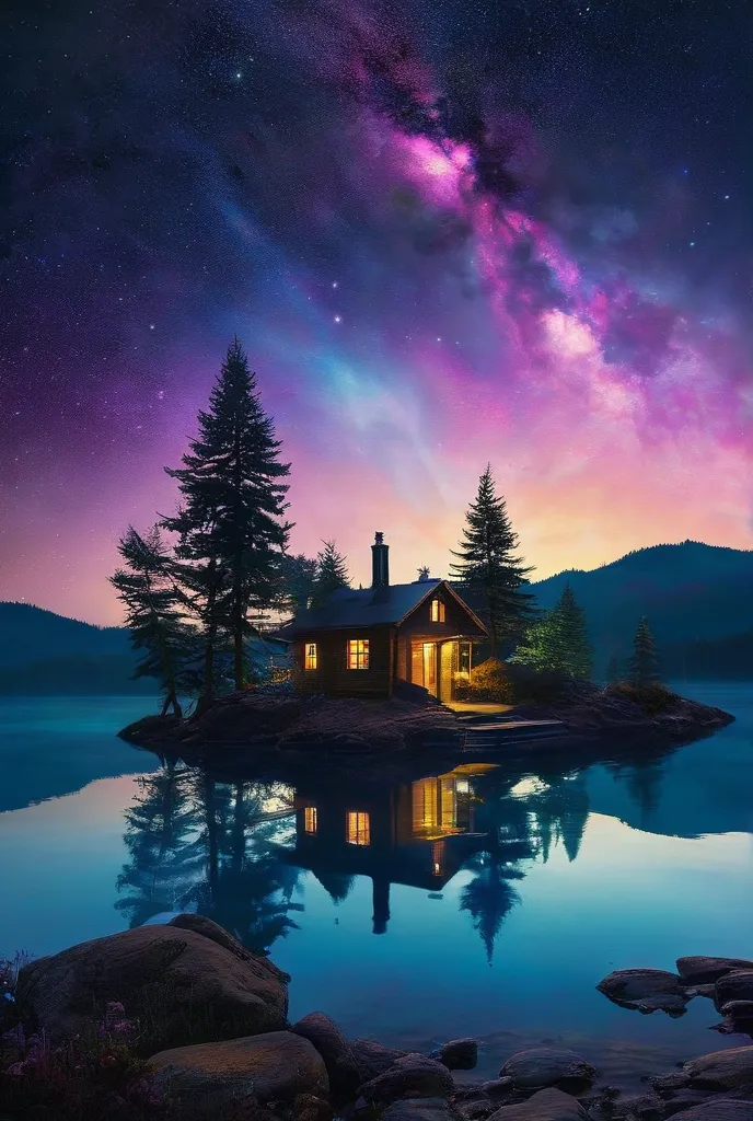 "Create an ethereal landscape scene featuring a serene lake at twilight. In the center, depict a mystical island adorned with dense, dark pine trees, partially shrouded in swirling, luminous blue mist. Above the island, illustrate a sweeping galaxy with vi...