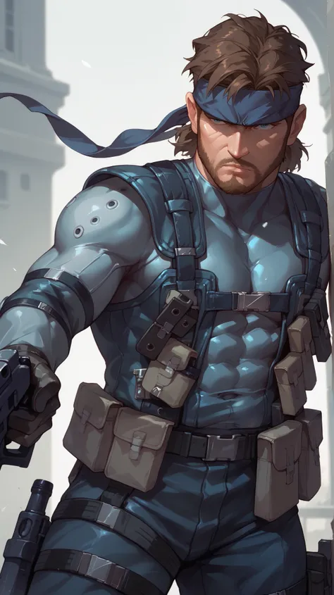 man wielding a knife and a gun, cowboy shot, solidsnake, brown hair, beard, facial hair, headband, blue bodysuit, gloves, harness, belt pouch, mature male