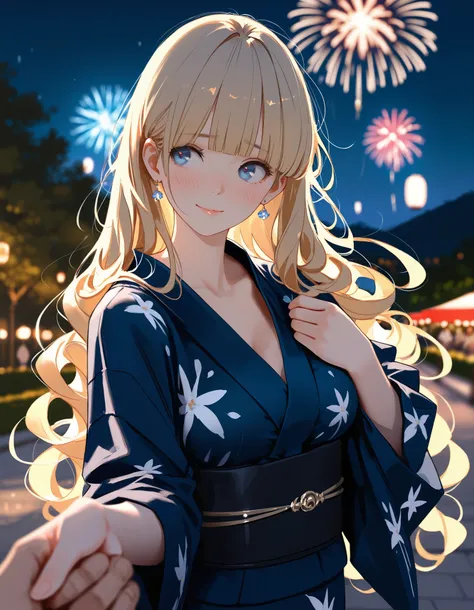 masterpiece,ultra-detailed CG illustration,top quality, best quality, (wlop:0.8),(Hanekoto:0.4), 1girl, blunt bangs, curly hair, very long hair, elegance,light blonde hair,blue eyes,large breasts,(pale skin:0.7), gentle smile,  night,park,kimono,innocent,f...