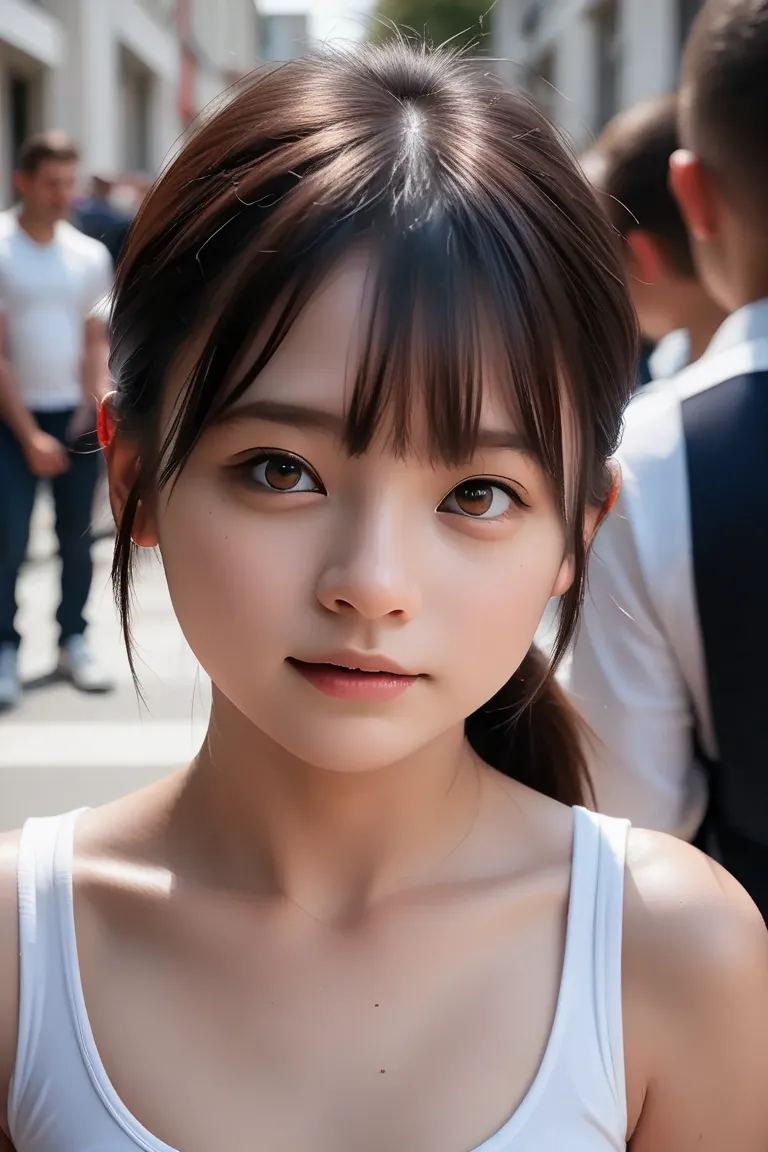 top quality,   super high resolution、Around town、It's in the center of a crowd、realistic skin color、 Japanese、((A cute  about the size of a junior high school toddler))、 Low、 small tits、white tank top bra and panties、Elongated ponytail black hair、 Brown Ey...