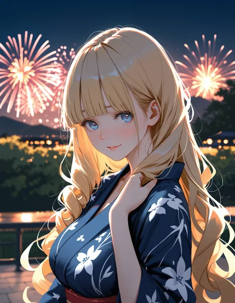 masterpiece,ultra-detailed CG illustration,top quality, best quality, (wlop:0.8),(Hanekoto:0.4), 1girl, solo,blunt bangs, curly hair, very long hair, elegance,light blonde hair,blue eyes,large breasts,(pale skin:0.7), gentle smile, night,park,kimono,innoc...