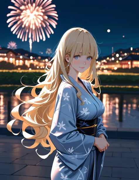 masterpiece,ultra-detailed CG illustration,top quality, best quality, (wlop:0.8),(Hanekoto:0.4), 1girl, solo,blunt bangs, curly hair, very long hair, elegance,light blonde hair,blue eyes,large breasts,(pale skin:0.7), gentle smile, night,park,kimono,innoc...