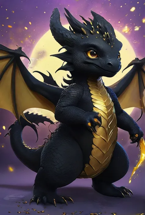 Create a dynamic anime-style illustration of a black little dragon with little gold,  kawaii, Mysterious, photorealistic, hyper-realistic, highly detailed