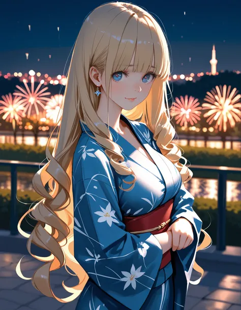 masterpiece,ultra-detailed CG illustration,top quality, best quality, (wlop:0.8),(Hanekoto:0.4), 1girl, solo,blunt bangs, curly hair, very long hair, elegance,light blonde hair,blue eyes,large breasts,(pale skin:0.7), gentle smile, night,park,kimono,innoc...