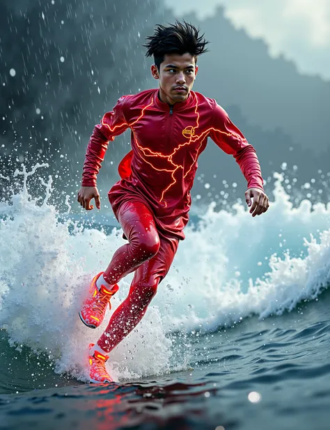  score_9,  score_8_arriba,  score_7_arriba, ,  score_chico  running sobre el agua_skating on water, red electricity, good heavens,  WATER WAVES,  running, in water, A boy_  young man with black hair_ boy full of electrical energy,  running sobre el agua, I...