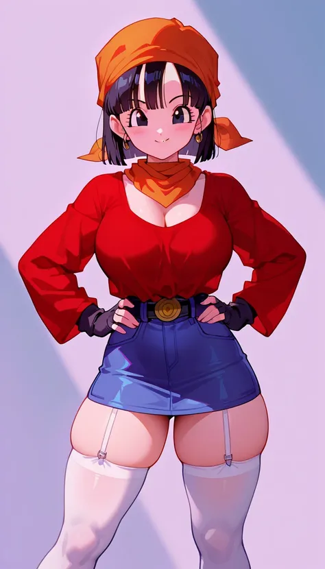 (masterpiece), (portrait), (aesthetics), high quality, aesthetic clothing, (Korean attractive), (vibrant light)
,
1 girl, (20 years old), ((Pan from Dragon Ball GT), black eyes, black hair, short hair, orange bandana), (young), (cute), (curvy), (big breast...