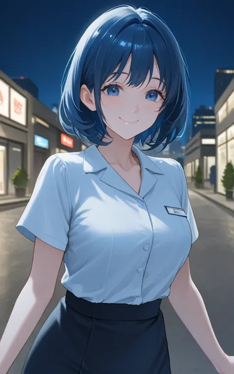 solo,one girl,Navy blue hair color,Short Hair, blue eyes, cute, beauty,company employee,Short sleeve,white blouse,black flared skirt, small mouth, shut your mouth,(( face and smile )), office district,night,outside,Breasts that are about the size of a good...