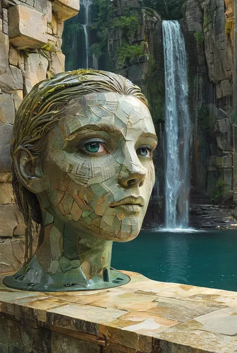 architectural style Stone Face in the rock, waterfalls pouring out of the eye sockets. The texture of the stone on your face. there's a lake down there.
 clean lines, geometric shapes, minimalist, modern, architectural drawing, highly detailed