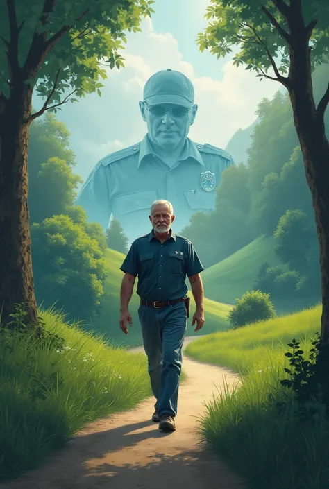 Create an image that captures viewers' attention, featuring a man walking on a path, with his dreams of becoming a lawyer or a police officer depicted in the background.