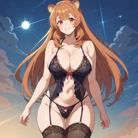 "raphtalia,  a 20-year-old woman with long bright orange hair and intense red eyes ,  walks confidently down a modeling runway .  Her round animal ears stand out among her wavy locks . She wears an elegant set of fine lingerie ,  with lace and transparenci...