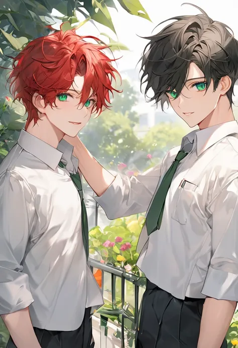 twins , men  ; twin 1  : black hair  , emerald green eyes ,  WHITE LEATHER FUND , school uniform ,  Attractive face ,  cheerful look ;  twin 2 : man , red-haired hair  , emerald green eyes,  WHITE LEATHER FUND, school uniform,  Attractive face,  cheerful l...