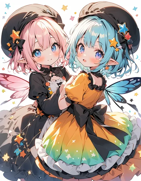   Best Details、    girls on the left，，Blink，    top quality   ， milky white and blue gradation hair color、wear a colorful and cute gothic kimono costume   ,   Star Fairy ,wear a colorful and cute gothic kimono costume    with little fairy feathers growing ...