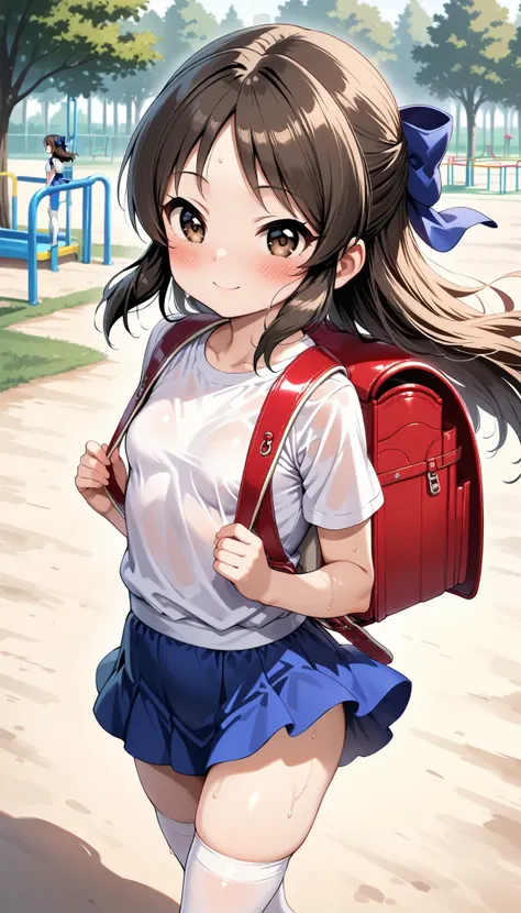 best quality,8k,1girl,(small breasts,loli),small head,(blush,sweat,smile),tachibana arisu, long hair, brown hair, brown eyes, bow, hair bow,white t-shirt,short sleeves,blue skirt,mini skirt,white thighhighs,wind,backpack,randoseru,walking,playground