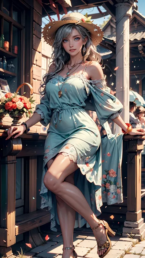 Person with Ice Cream Cone, Sweet girl, Woman with wavy silver hair , bangs,  pale blue eyes ,  red lips, Soft green dress(Lace decoration)、 pendant、Silver Chain Accessory on Wrist、 pin heels、blue sky、 Straw Hat、Particles Dance、smile